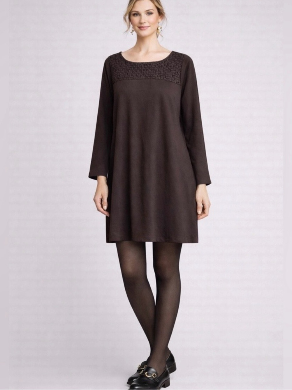 Boden Black Long-Sleeve Shift Dress with Crochet Yoke